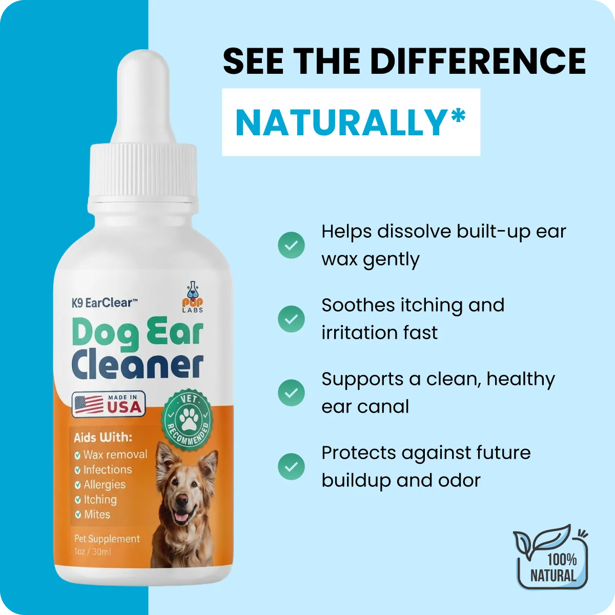 An advertisement for K9 EarClear Dog Ear Cleaner showing the product bottle and listing its benefits.