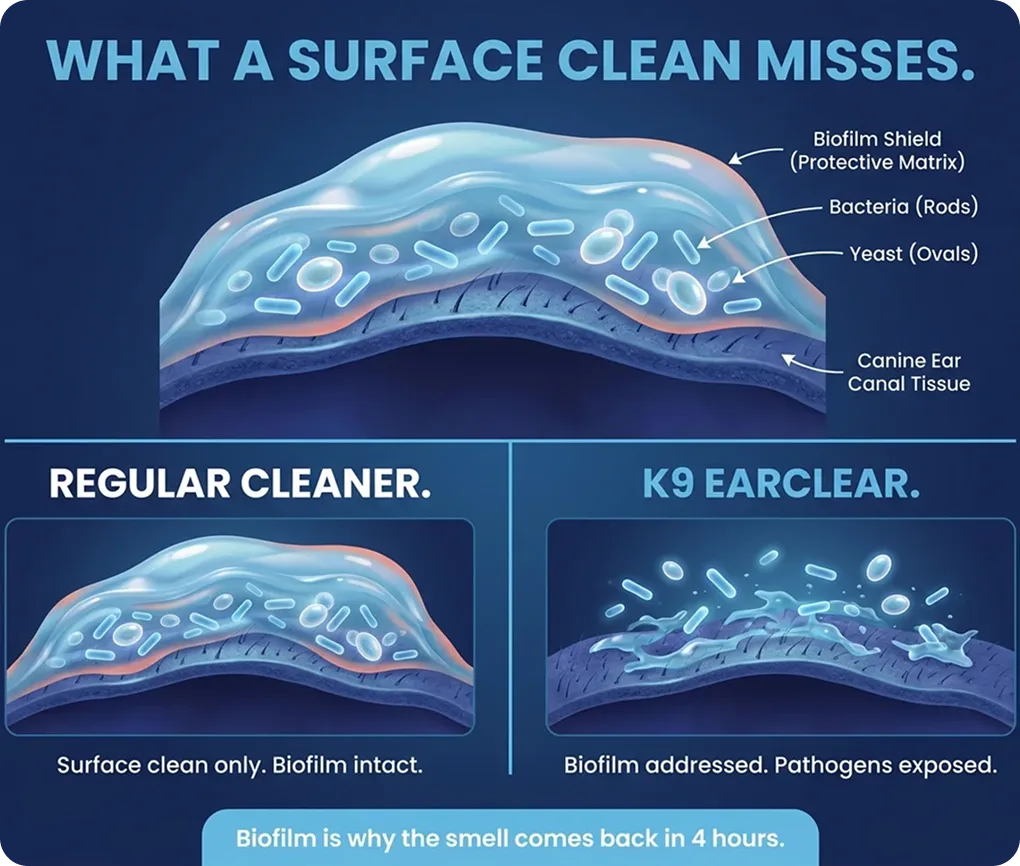 An infographic comparing how regular cleaner and K9 EARCLEAR work on biofilm in a dog's ear canal.