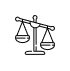 Black and white icon of a balance scale inside a circle.