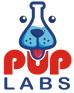 Logo of Pup Labs with a stylized dog face and text.
