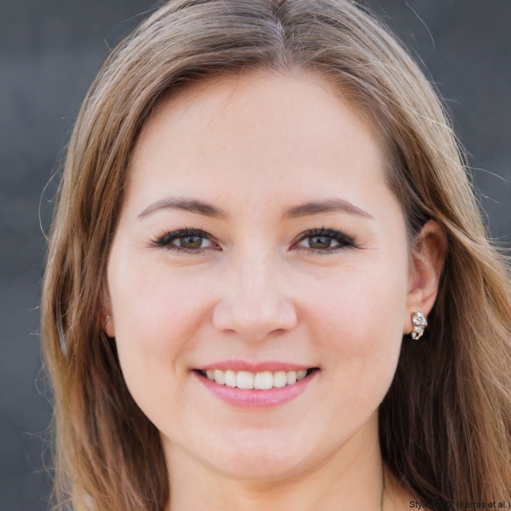A close-up headshot of a smiling woman with light brown hair and brown eyes against a gray background.