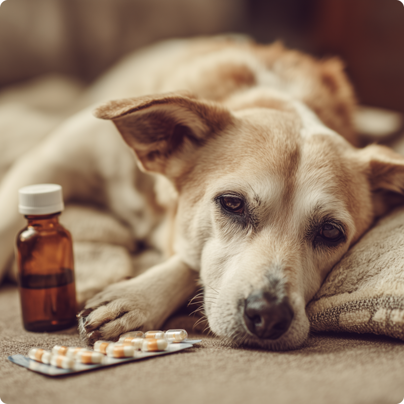 A person's hand holding a white pill in front of a yellow dog lying on a blue mat.