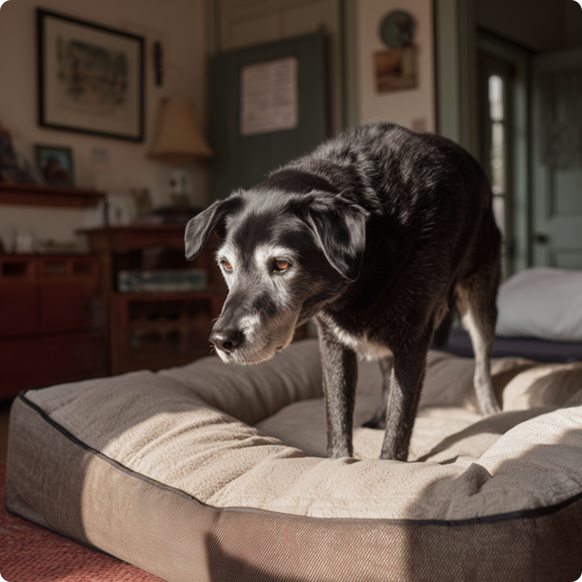 An older, black dog with a grey muzzle stands in a cushioned dog bed in a sunlit room.