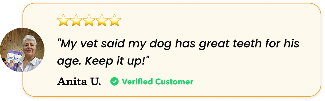 A five-star review from customer Anita U., who says her vet praised her dog's great teeth.