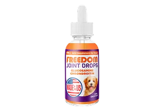 Bottle of Freedom Joint Drops for dogs with a dropper cap.