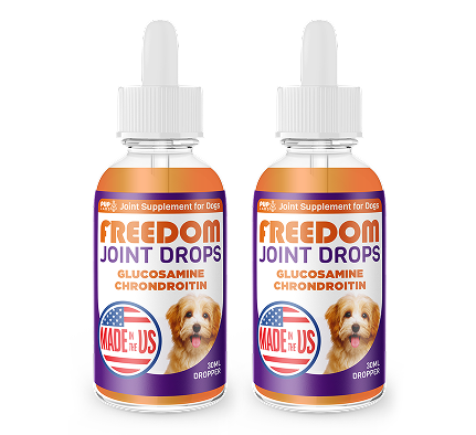 Two bottles of dog joint supplement with droppers and American flag label.