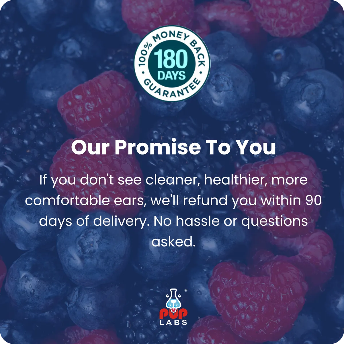 An advertisement for Pup Labs' promise with a 180-day money-back guarantee over a background of mixed berries.