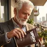 An older man with a white beard and suit jacket holds a brown pouch labeled UPGRD.