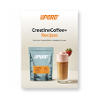 Promotional image for Liford CreatineCoffee+ Recipes, showing a product pouch and a prepared coffee drink with a strawberry.