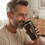 A smiling man with a beard and graying hair drinks from a dark travel mug indoors.