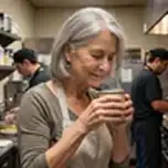A woman with gray hair in a kitchen apron holds a cup to her nose and smiles.