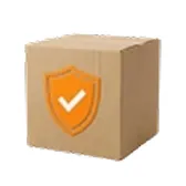 A brown cardboard box with an orange shield icon containing a white checkmark.