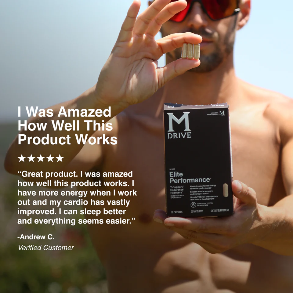 Man holding supplement box and capsules with testimonial text overlay.
