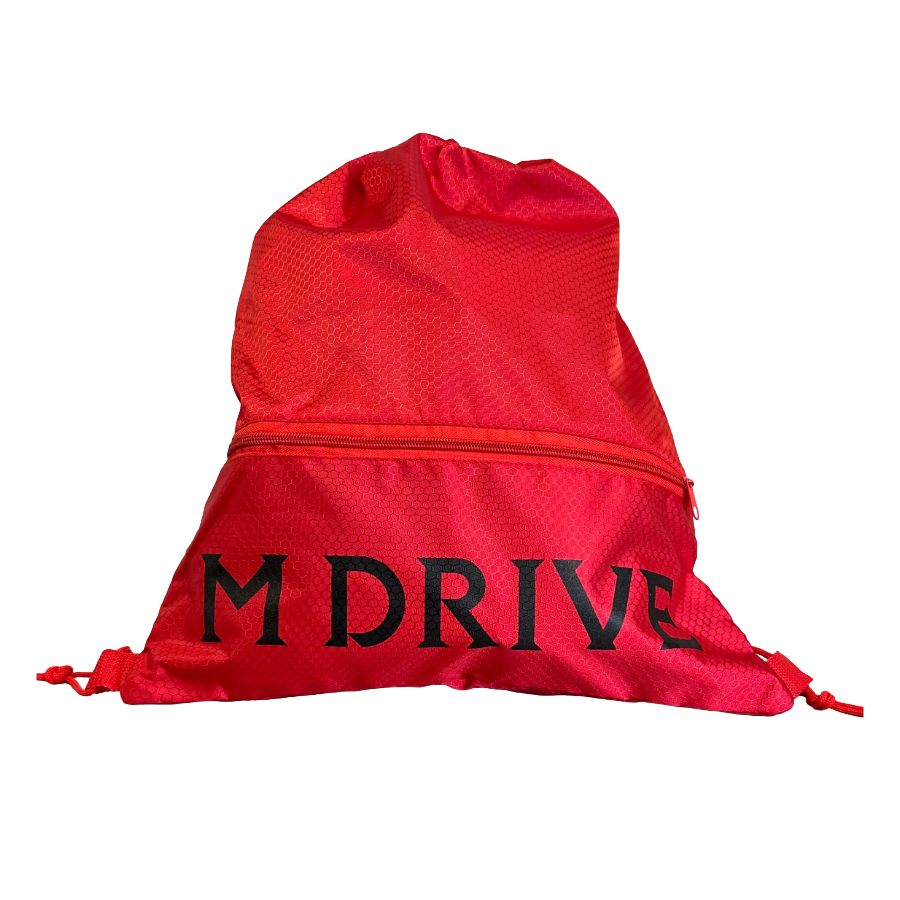 Red drawstring bag with 'M DRIVE' text and a zipper.