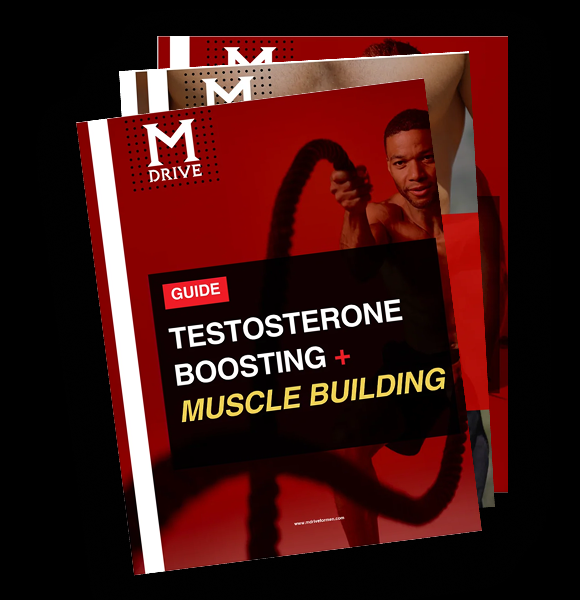 Cover of a guide titled 'Testosterone Boosting + Muscle Building' with a man exercising.