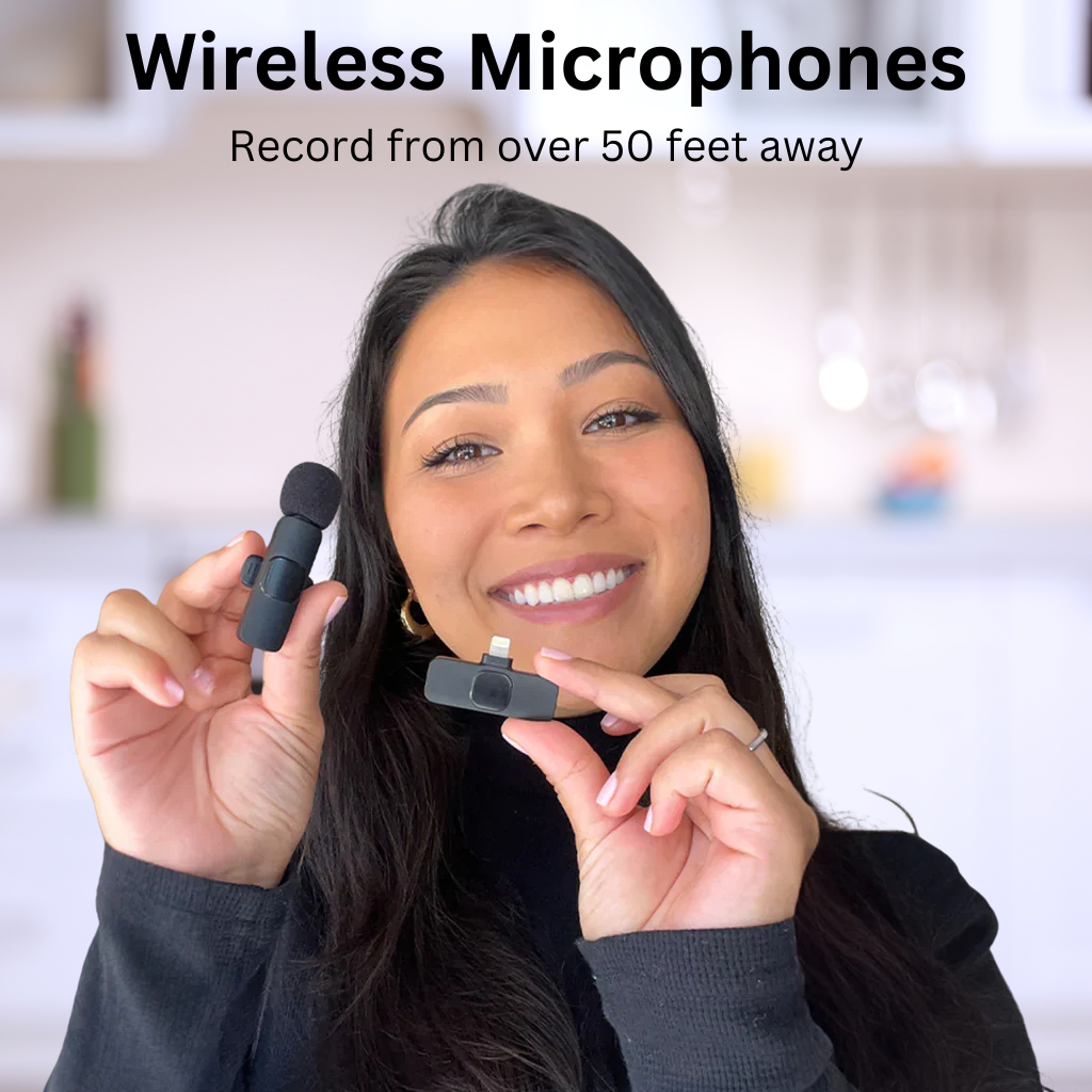 Person holding two wireless microphones, smiling, with text about recording distance.
