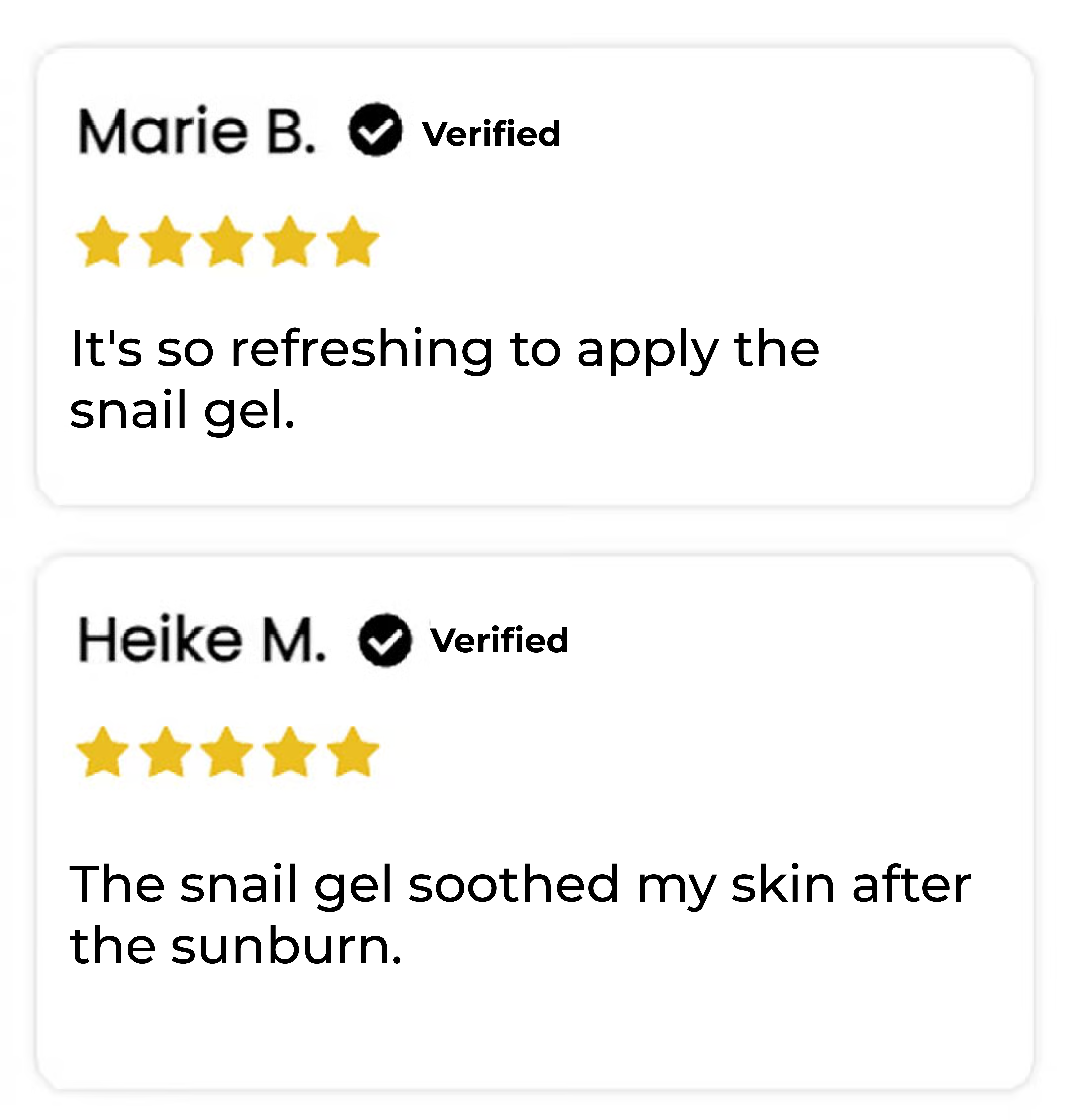 Two product reviews with five-star ratings and verified checkmarks.