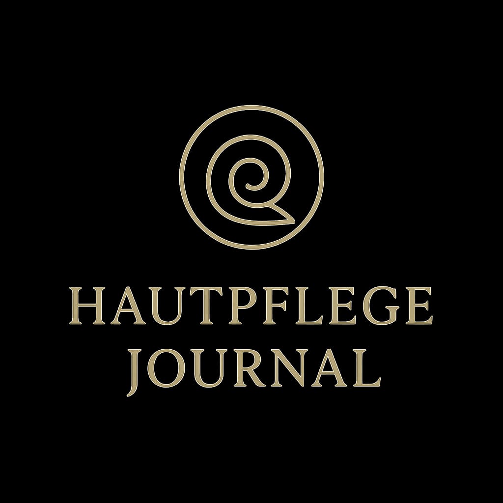 Logo with spiral design above 'HAUTPFLEGE JOURNAL' text on black background.