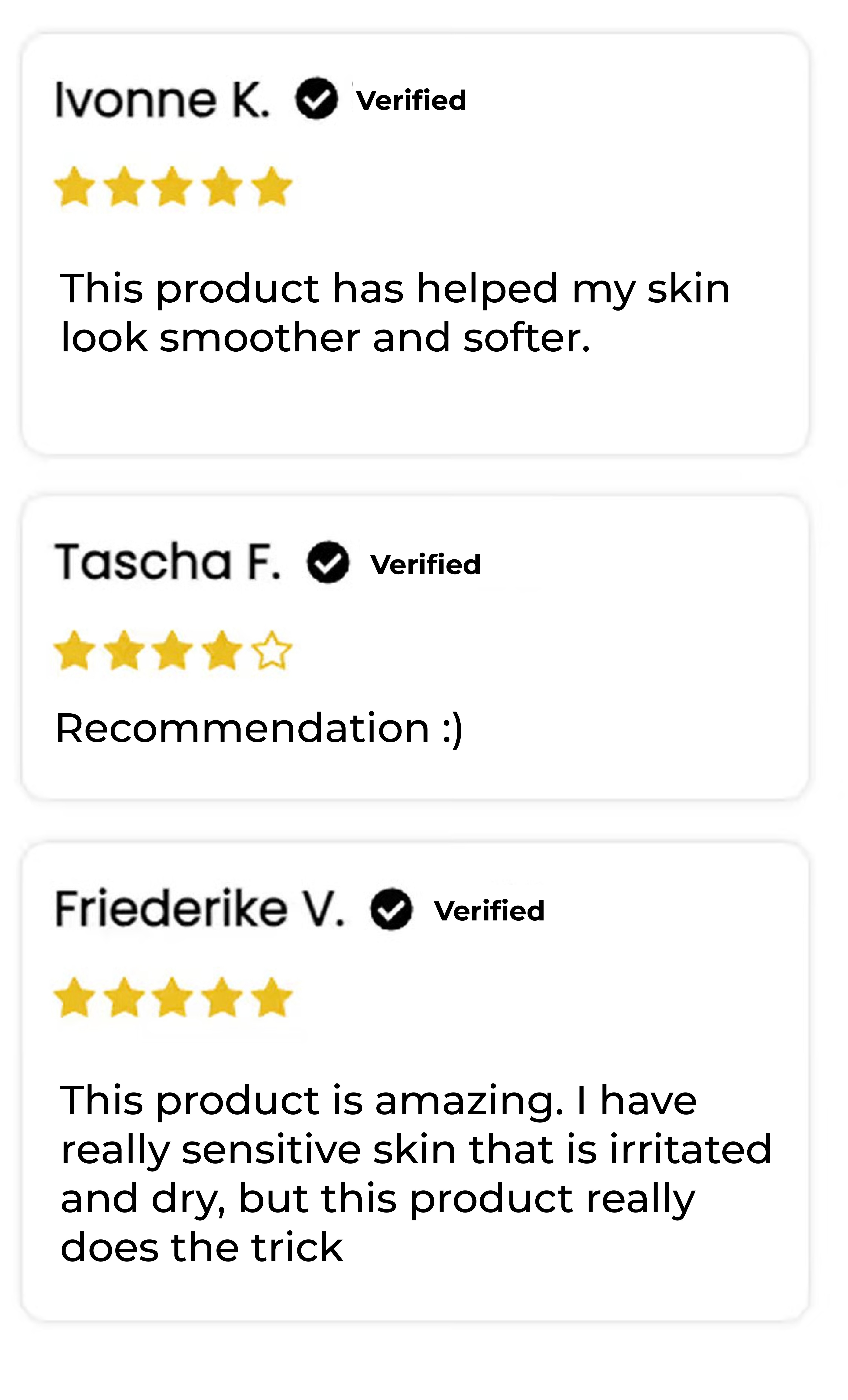 Three verified product reviews with star ratings and user comments.