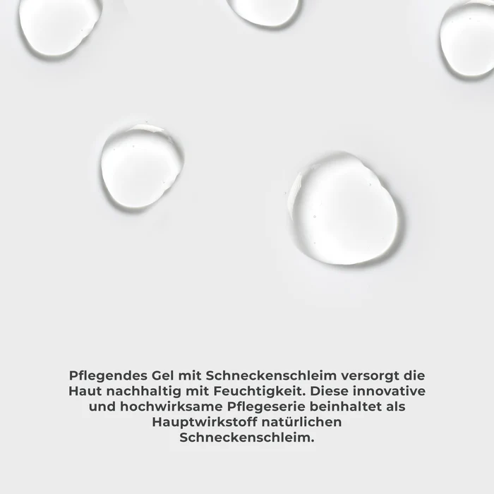 Clear gel droplets on a light gray background with German text below.