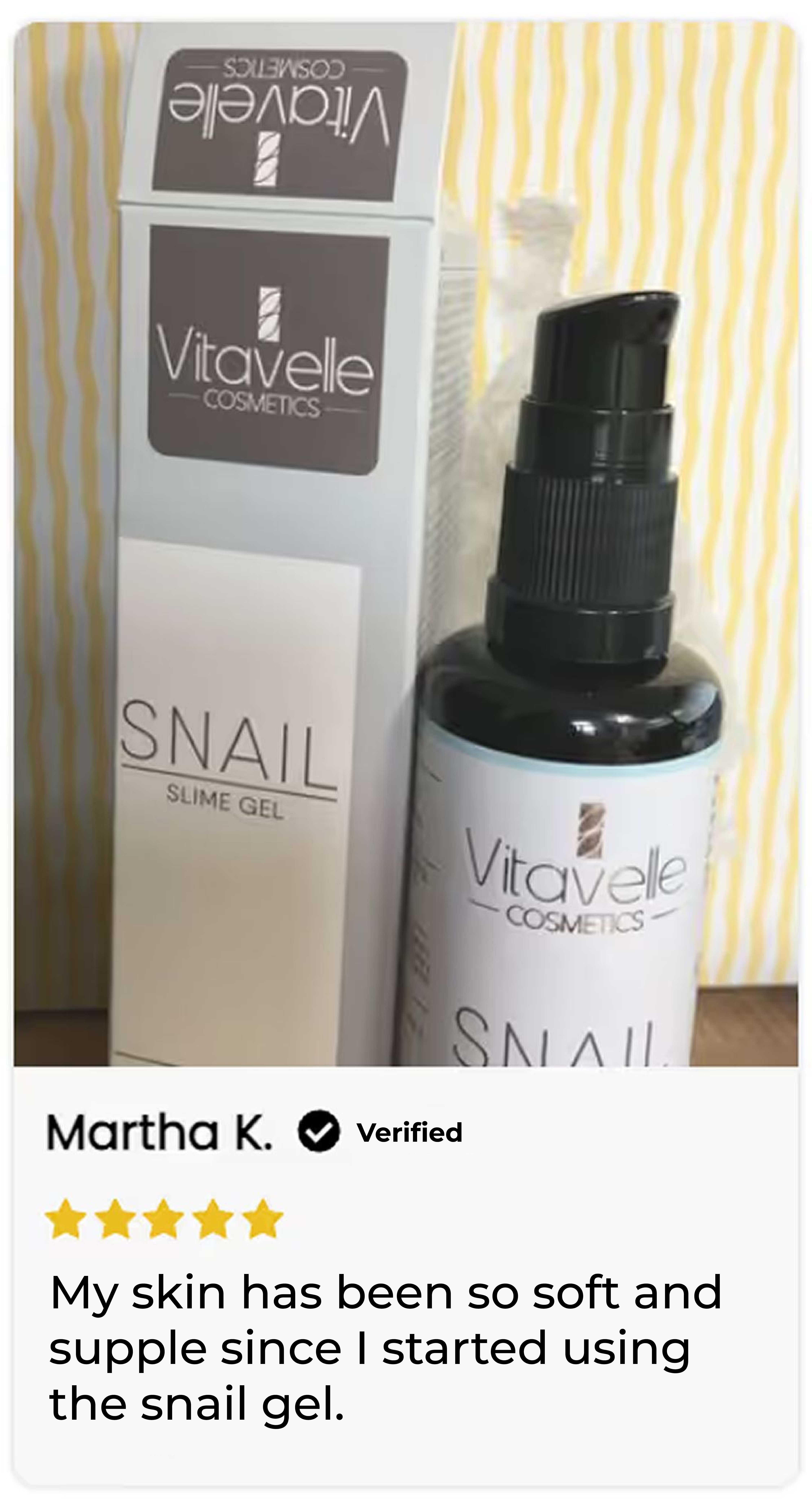 Vitavelle Cosmetics Snail Slime Gel bottle and box with a customer review.