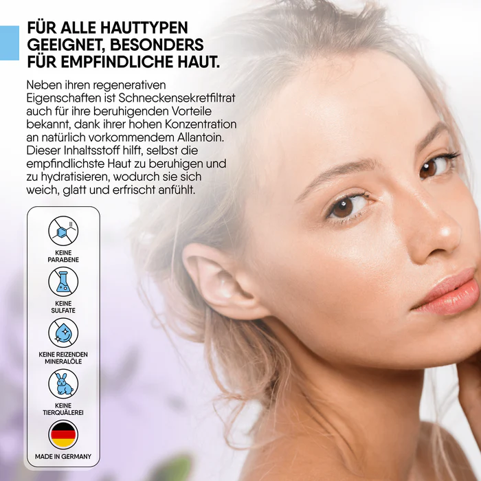 Woman with clear skin, textured background, and German text about skin care benefits.