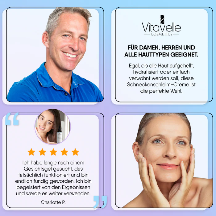 Collage of smiling people and text promoting Vitavelle cosmetics.