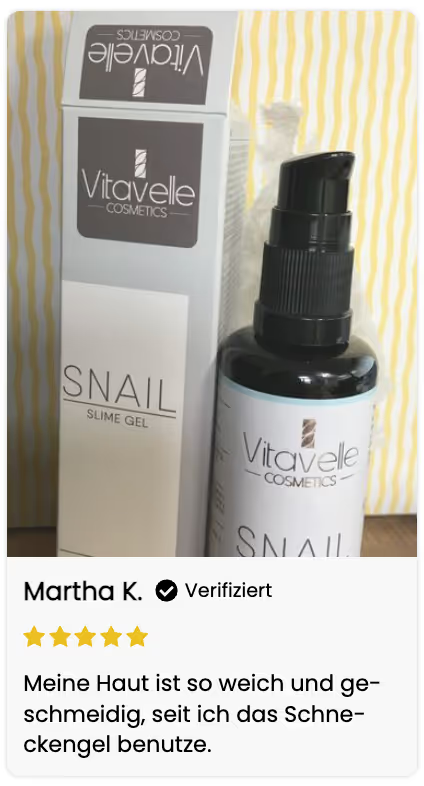 Snail slime gel product with packaging, review and five-star rating visible.
