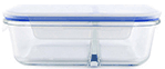 Clear rectangular glass container with a blue-sealed lid.