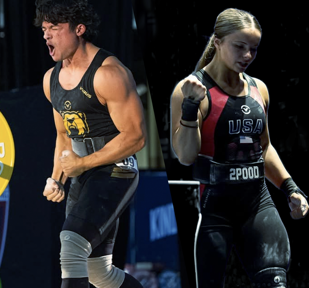 A split-screen image of a male and female weightlifter celebrating after a successful lift.