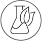 Line drawing of a flask with a leaf inside a circle.