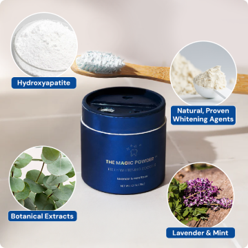 Dental powder with hydroxyapatite, whitening agents, botanical extracts, lavender, and mint on display.