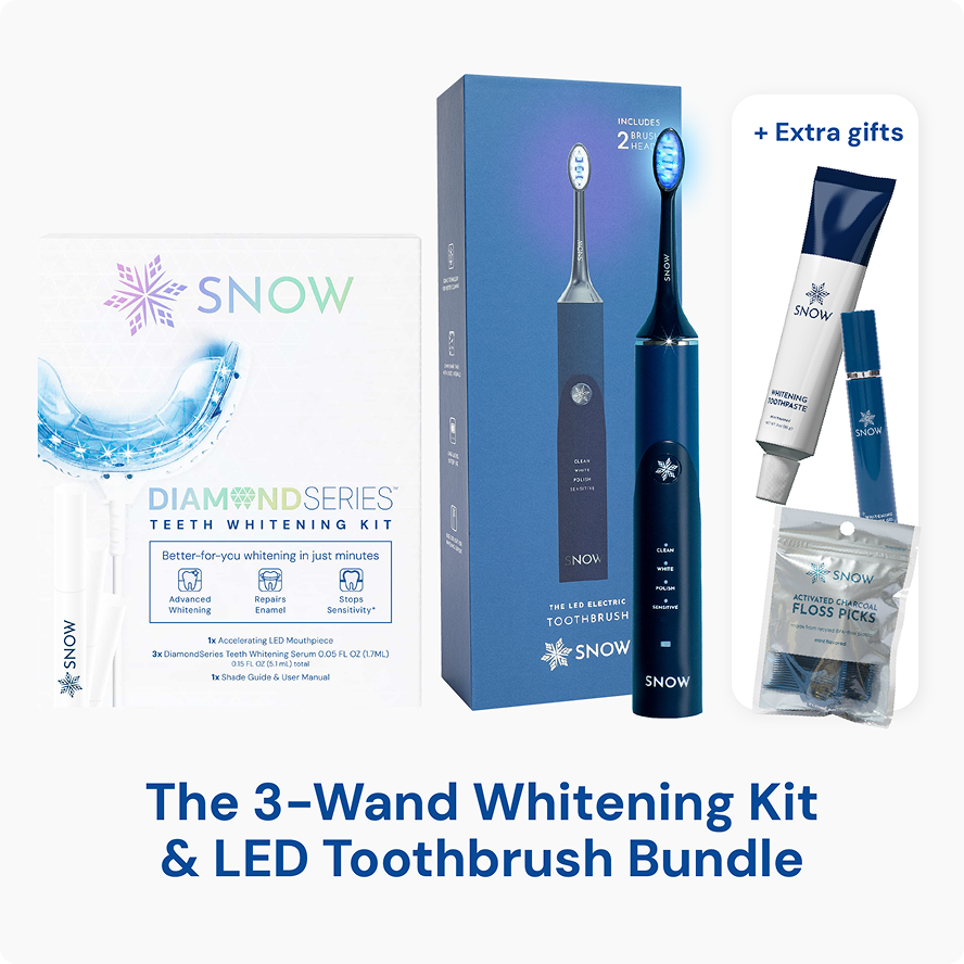 Snow teeth whitening kit and LED toothbrush bundle with extra gifts.
