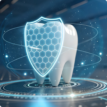 A digitally shielded tooth with blue geometric patterns, symbolizing dental protection.