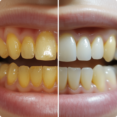 Teeth whitening comparison showing yellowed teeth before and white teeth after treatment.
