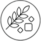 Black and white icon of a leaf and geometric shapes.