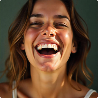 A woman laughing joyfully against a dark background.