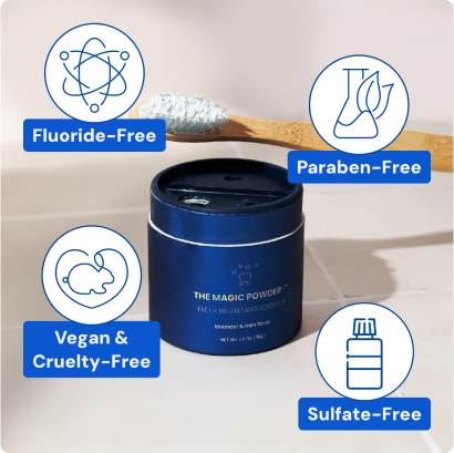 Dental powder container with toothbrush and icons: Fluoride-Free, Paraben-Free, Vegan, Cruelty-Free, Sulfate-Free.