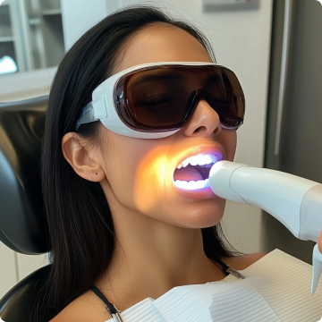A woman undergoing teeth whitening, wearing protective goggles.