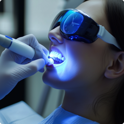 Person undergoing a dental procedure with protective eyewear and a dental light.