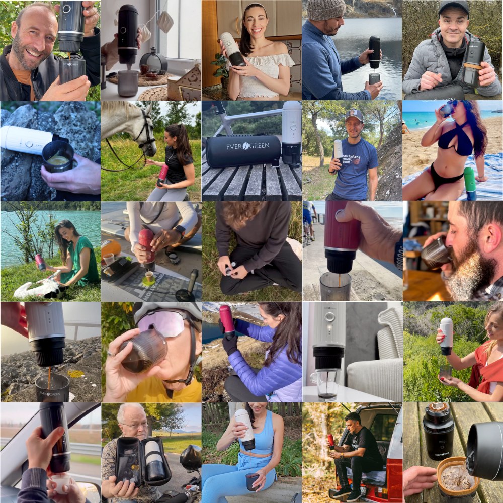 Collage of people using portable coffee makers in various outdoor and indoor settings.