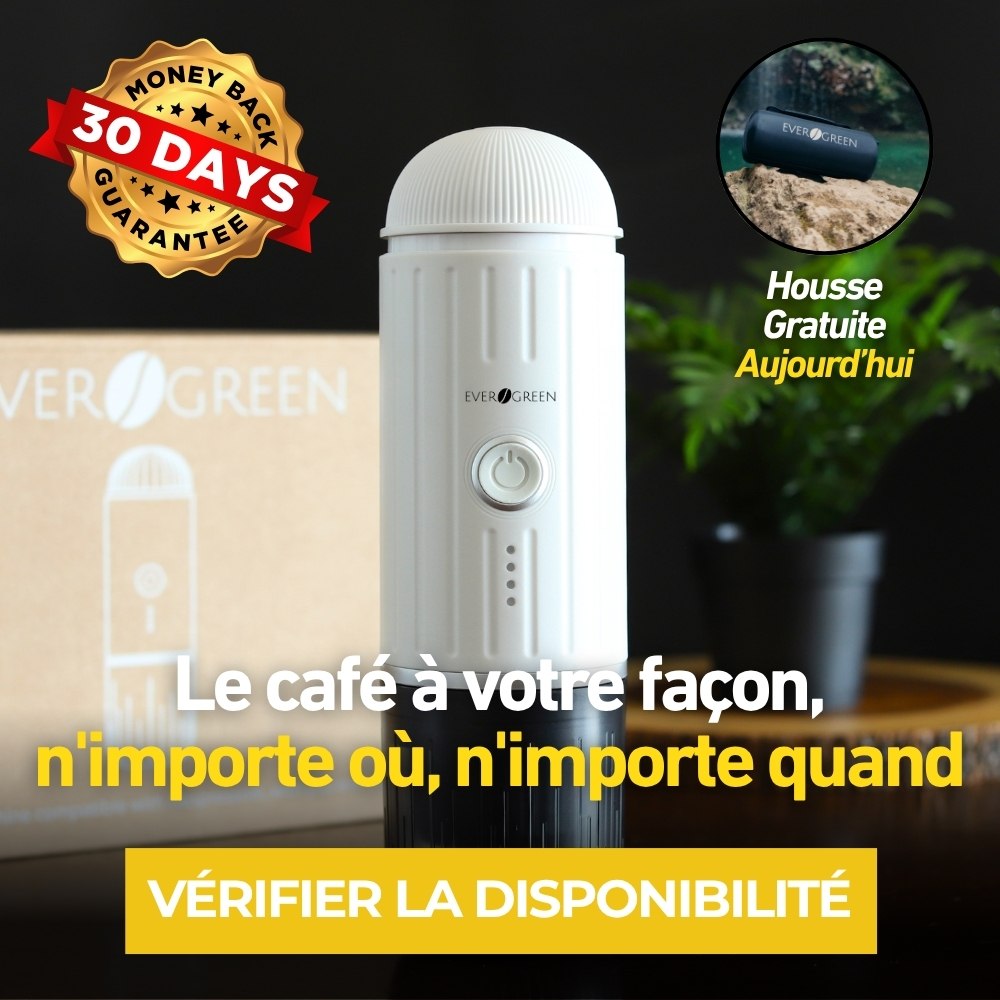 Portable coffee maker with promotional text and a 30-day money-back guarantee badge.