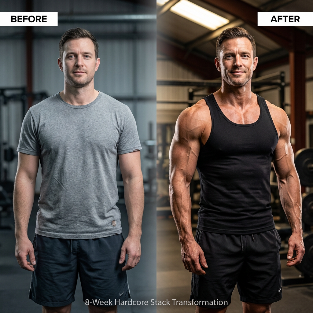 Side-by-side images showing a fitness transformation in gym clothing.