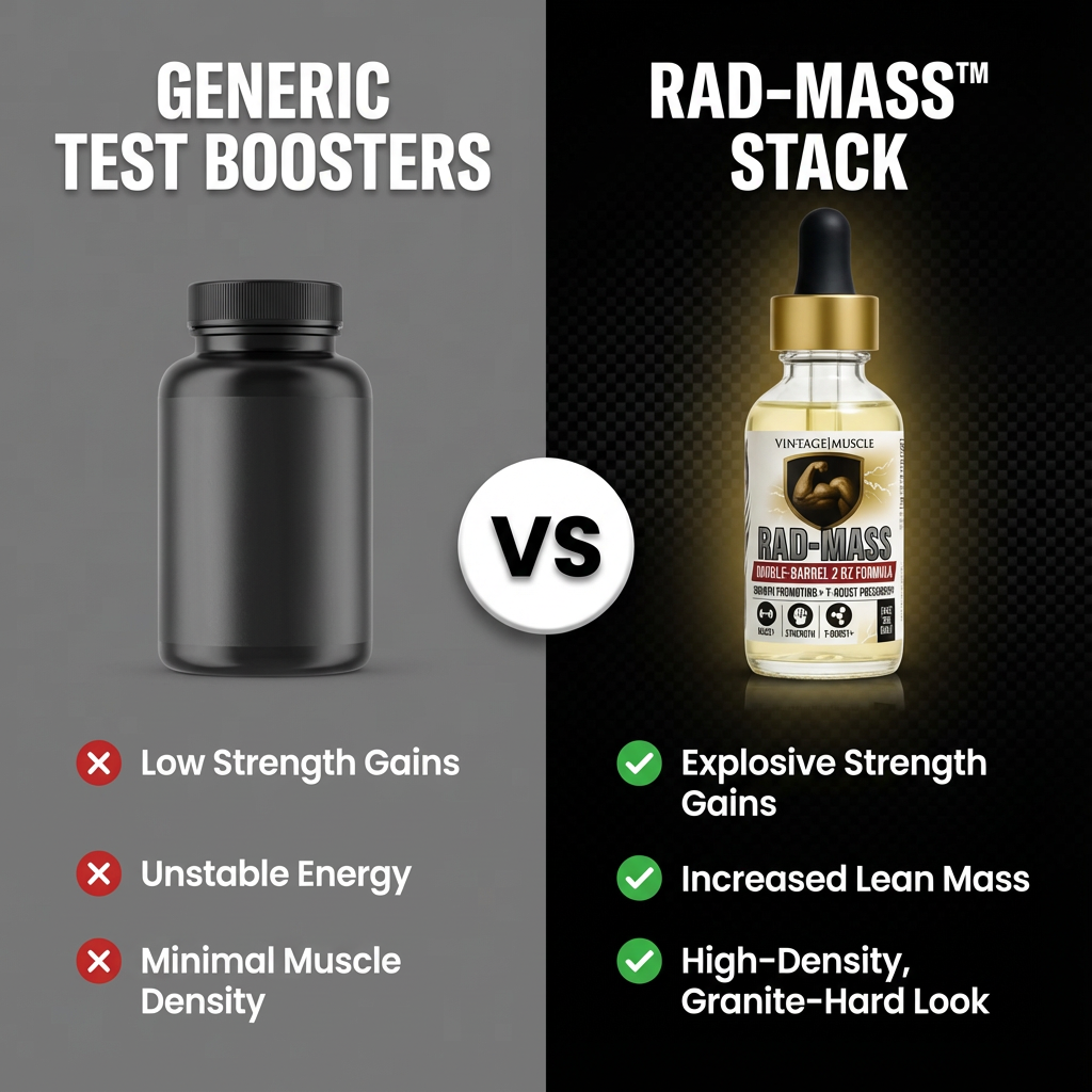 Comparison of generic test boosters and RAD-MASS stack with benefits and drawbacks listed.