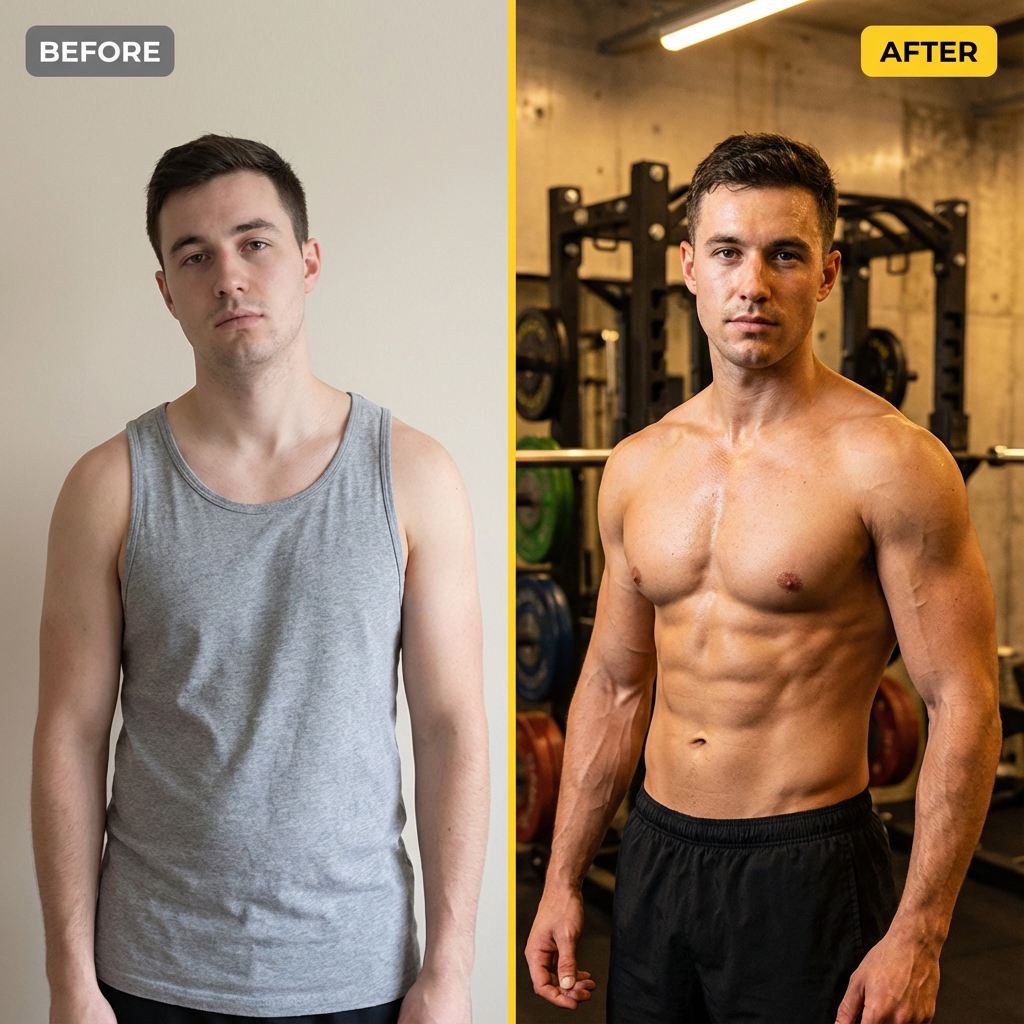 Before and after comparison of a man's physical transformation.