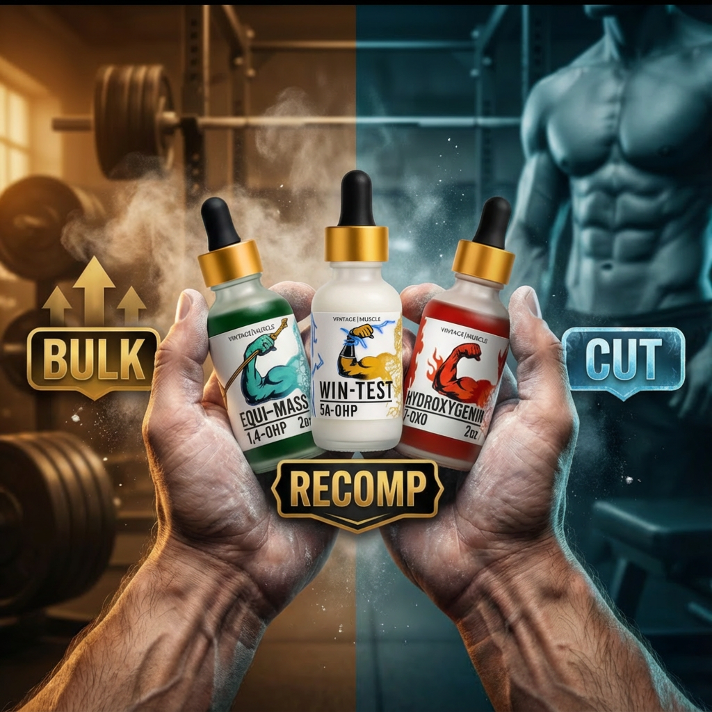 Hands holding three supplement bottles with gym scenes in the background.