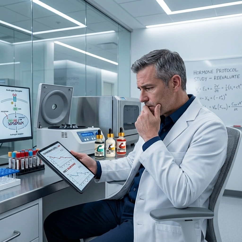 Scientist in lab coat examines data on tablet in laboratory setting.