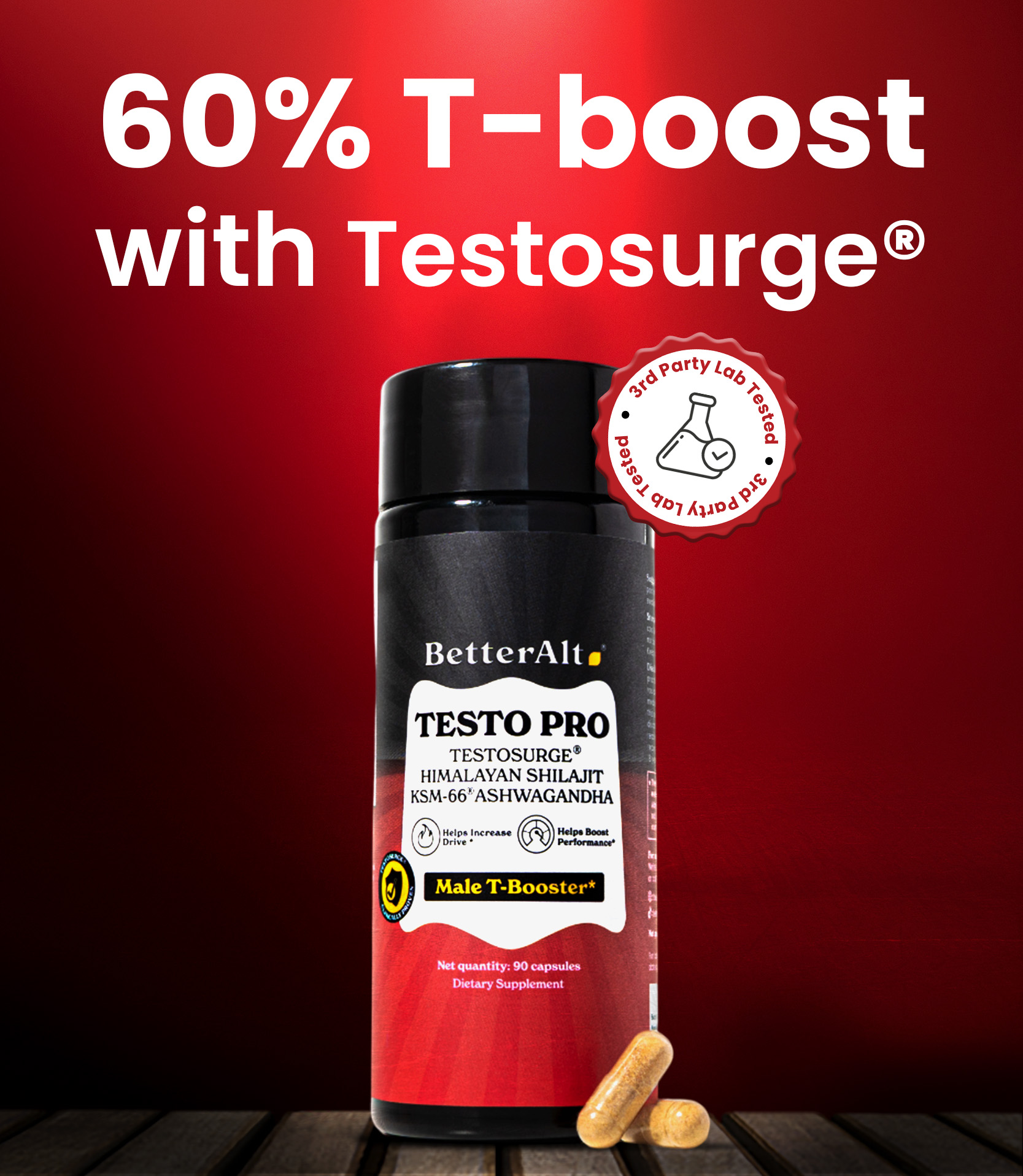 Testo Pro supplement bottle with capsules on a red background.
