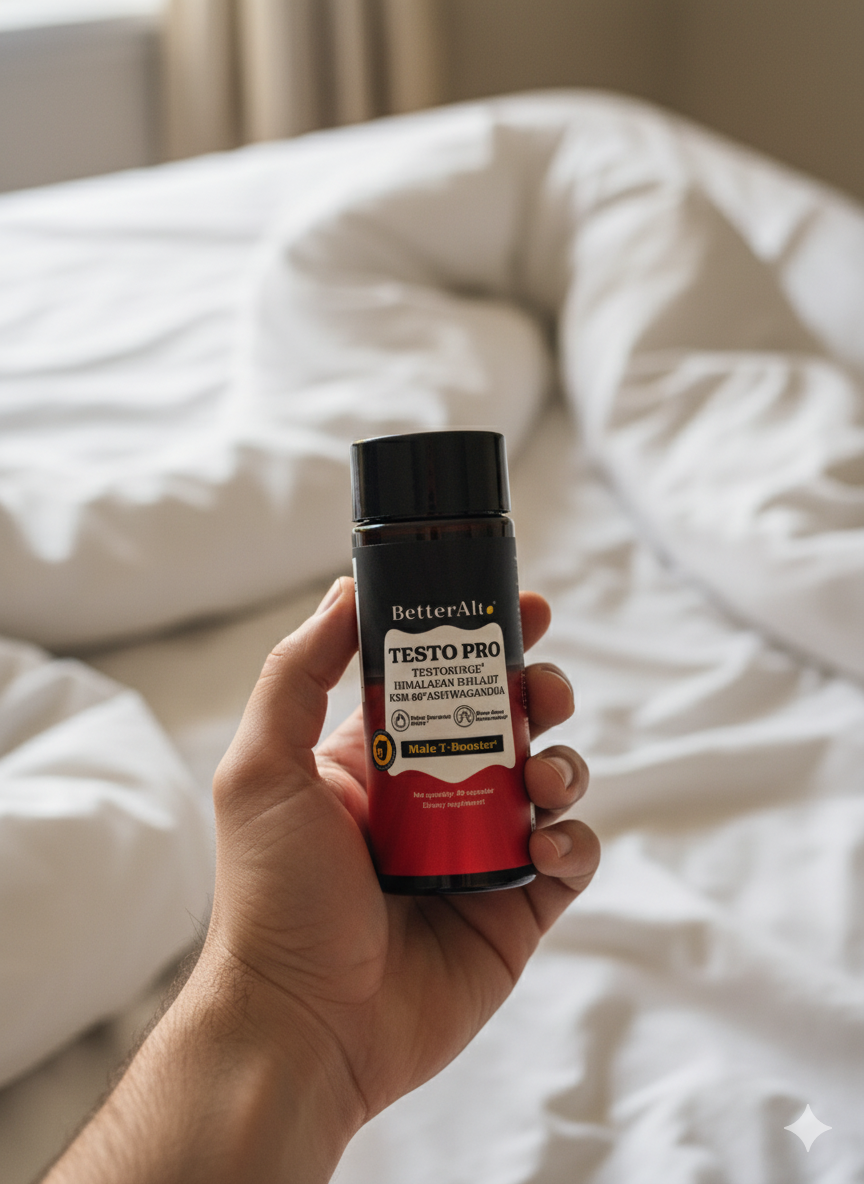 Hand holding a bottle labeled BetterAlto Testo Pro against a white bedding background.
