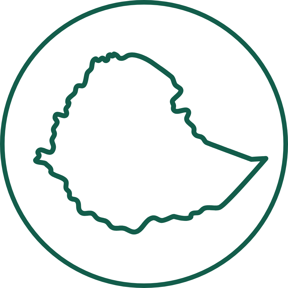 A green outline of the map of Ethiopia inside a circle on a black background.
